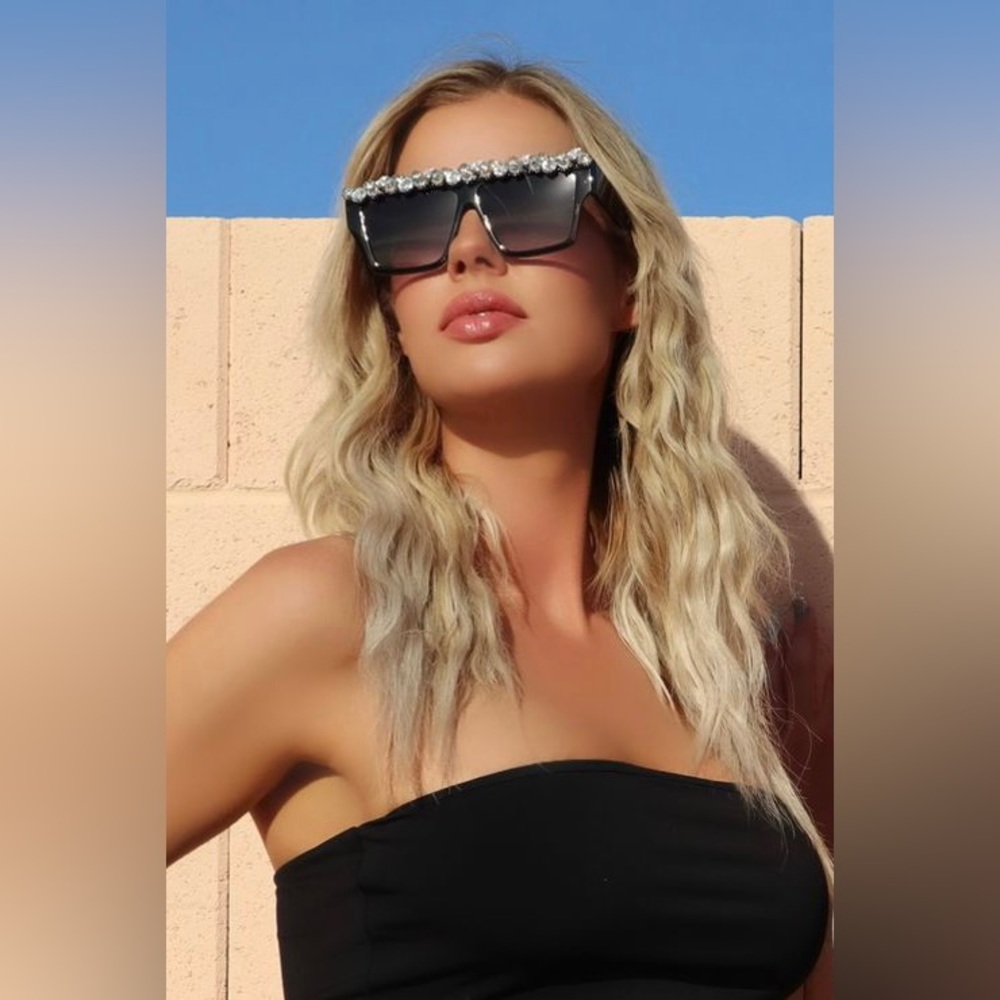 Not Today Bling Square Sunglasses Black Lens & Solid Black Rhinestone Frame